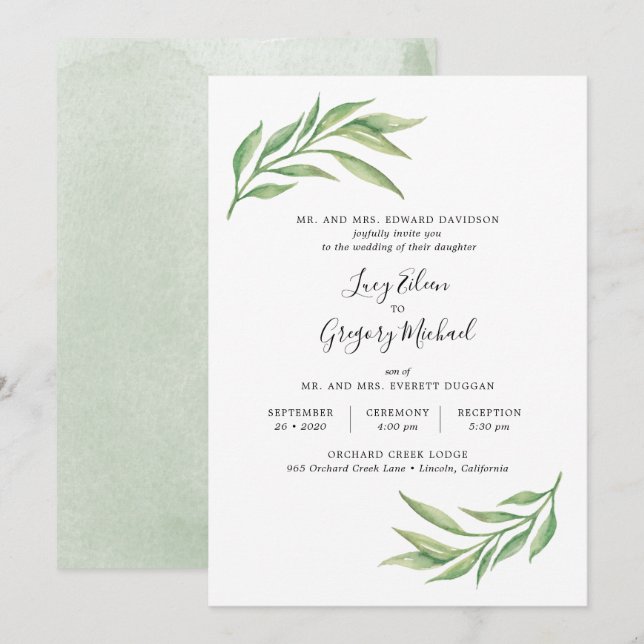 Botanische Blätter Hochzeit in Wasserfarbe Einladung (Vorne/Hinten)