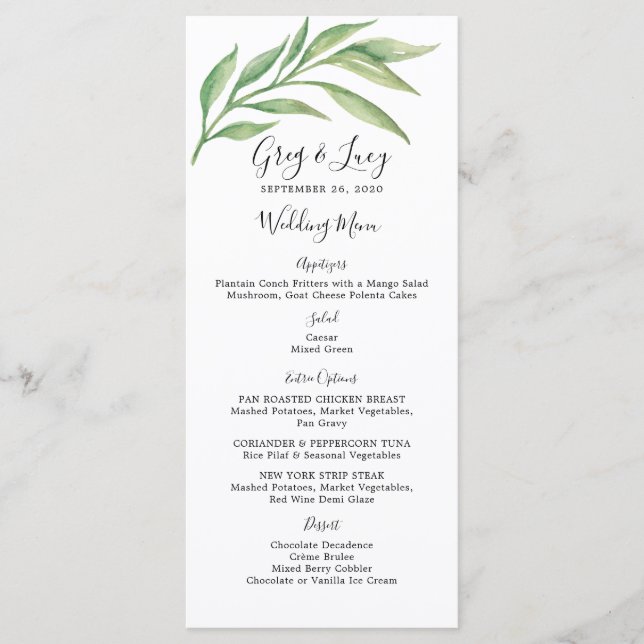 Botanische Blätter Hochzeitsmenü Wasserfarbe Menükarte (Vorderseite)