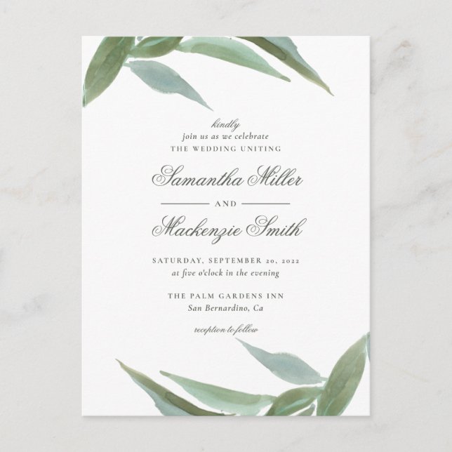 Botanische Blätter mit grünem Wasser Hochzeit Einladungspostkarte (Vorderseite)