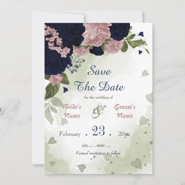 Botanische Blätter mit grünen und rosa Blume Save The Date (Vorderseite)