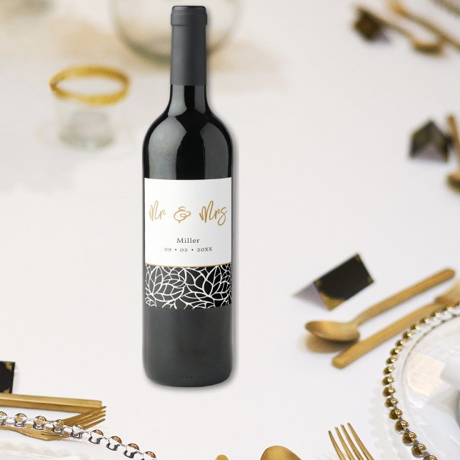 Botanische Blätter Muster Mr. & Mrs. Name Datum Weinetikett (Botanical Leaves Pattern Mr & Mrs Name Date Wine Label)