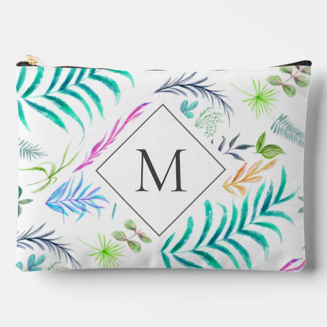 Botanische Blätter Muster Weißes Monogramm Zubehörtasche (Vorderseite)
