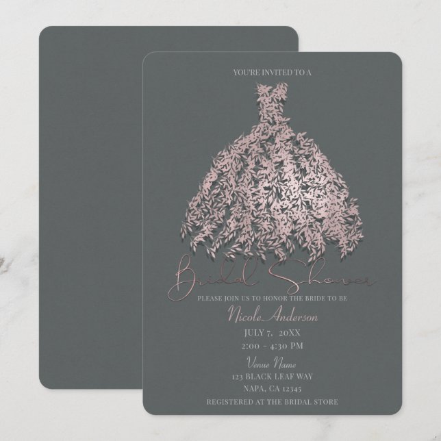 Botanische Blätter Rosa und Grau Brautparty Einladung (Vorne/Hinten)