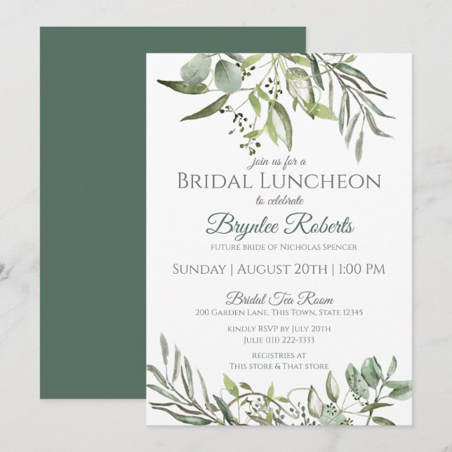 Botanische Blätter und Grüne Bridal Luncheon Einladung (Vorne/Hinten)