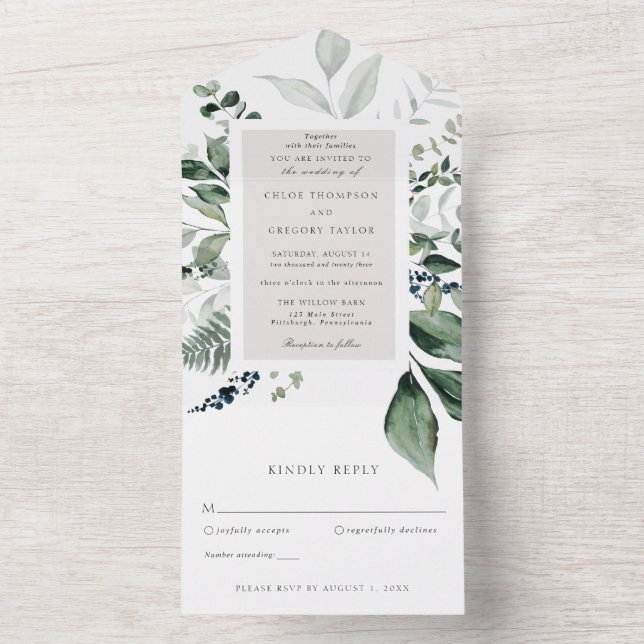 Botanische Blätter und Hochzeit im Grünen All In One Einladung (Innen Boden)