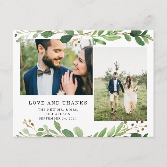 Botanische Blätter | Zwei Fotos Hochzeit Danke Postkarte (Vorderseite)
