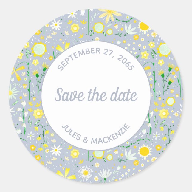 Botanische Blaue Wildblume Save the Date Runder Aufkleber (Vorderseite)