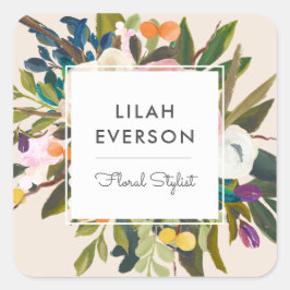 Botanische Bliss Floral Business Labels | Creme Quadratischer Aufkleber