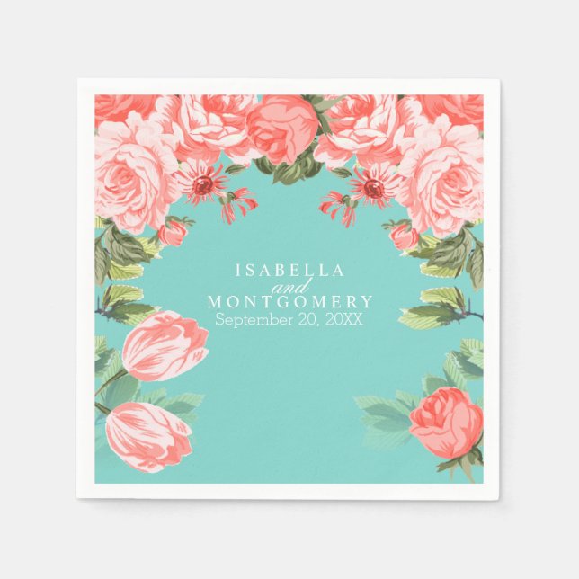 Botanische Blume Aquamarin und Korallen Serviette (Vorderseite)
