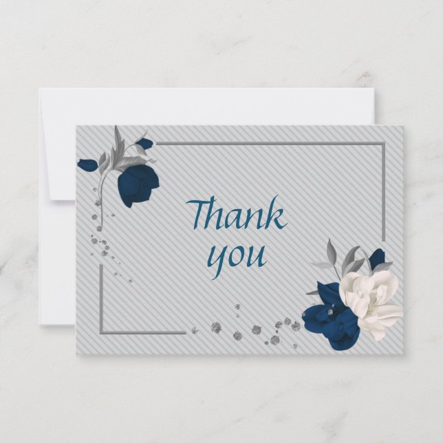 Botanische Blume aus Marineblau und Weiß, graue Bl Dankeskarte (Vorderseite)