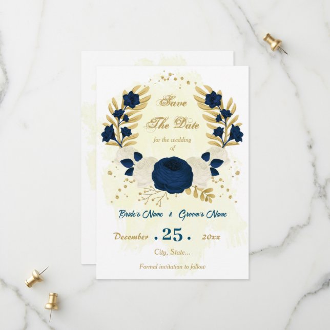 Botanische Blume aus Marineblau und Weiß Save The Date (Vorderseite/Rückseite Beispiel)