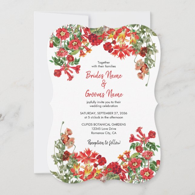 Botanische Blume Hochzeit im Roten Blumengarten Einladung (Vorderseite)