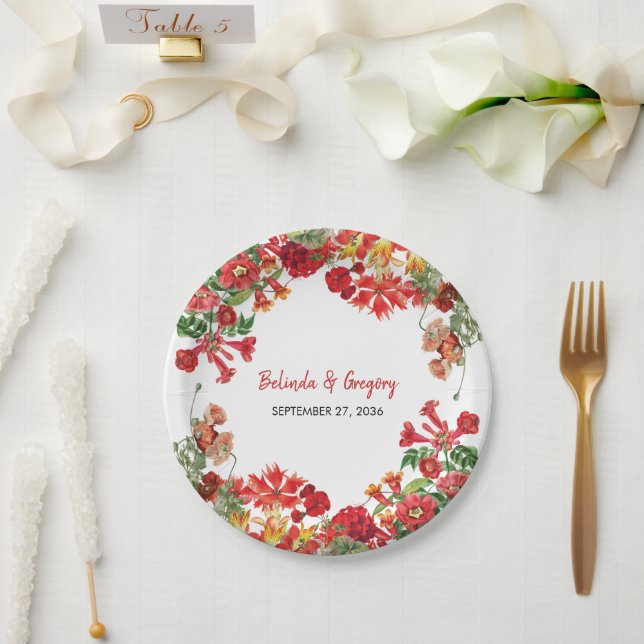 Botanische Blume Hochzeit im Roten Blumengarten Pappteller (Hochzeit)