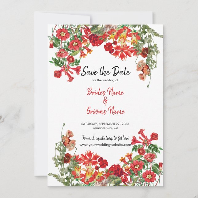Botanische Blume Hochzeit im Roten Blumengarten Save The Date (Vorderseite)