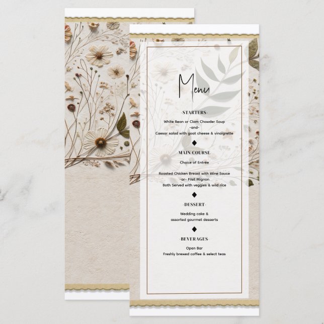 Botanische Blume Hochzeitsmenü der Natur Menükarte (Vorne/Hinten)
