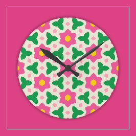 Botanische Blume in Hot Pink auf Mod Geometric Flo Runde Wanduhr