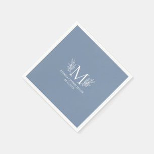 Botanische Blume in weißer Monogramm auf blau-grau Serviette