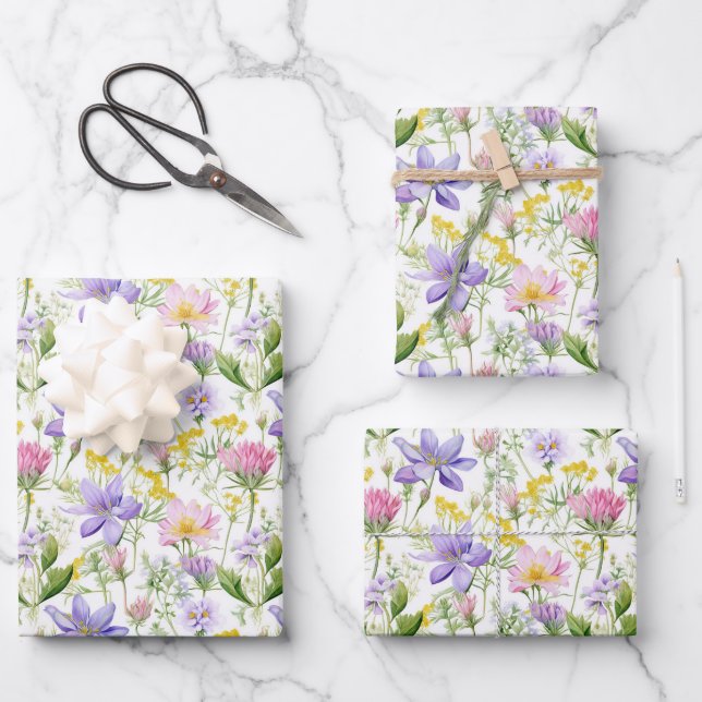 Botanische Blume lila und rosa Geschenkpapier Set (Vorderseite)