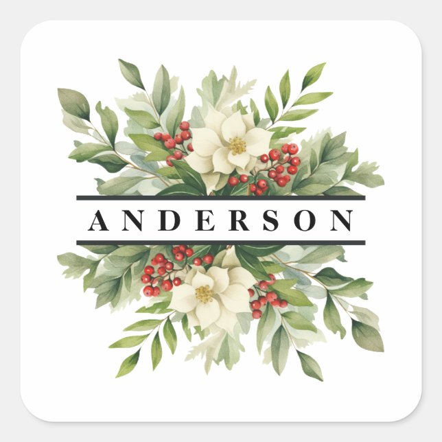 Botanische Blume und Berries Quadratischer Aufkleber (Vorderseite)