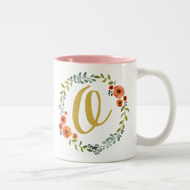Botanische Blume Wreath Gold Monogram Initial O Zweifarbige Tasse (Rechts)
