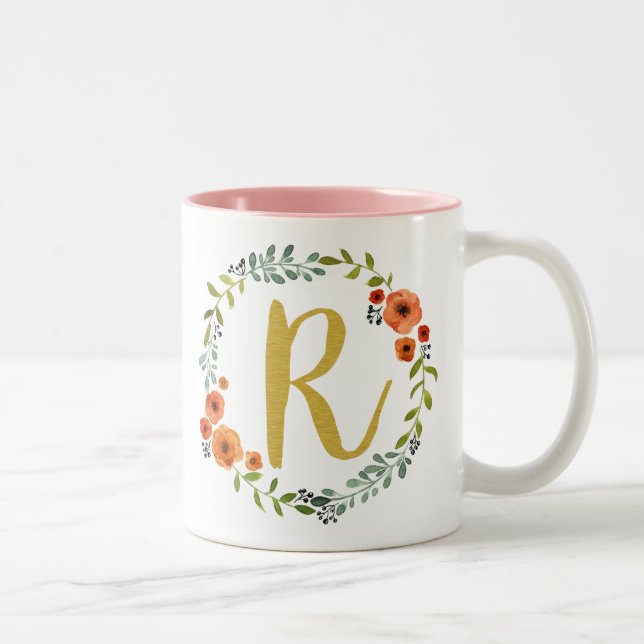 Botanische Blume Wreath Gold Monogram Initial R Zweifarbige Tasse (Rechts)