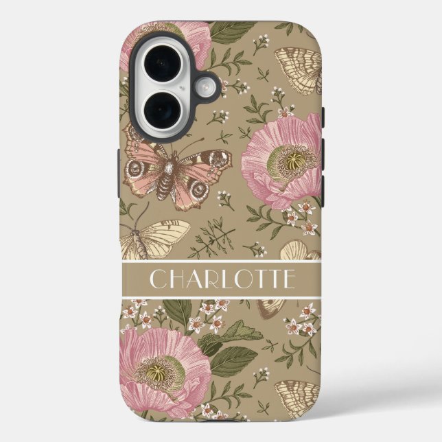 Botanische Blumenbraun-Monogramm der modernen Wild iPhone 16 Hülle (Rückseite)