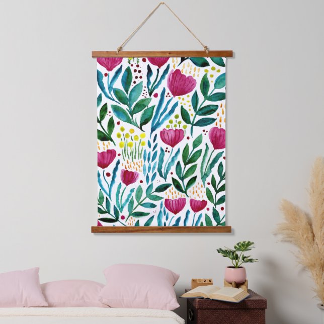 Botanische Blumendarstellung Wandteppich Mit Holzrahmen (Schlafzimmer)
