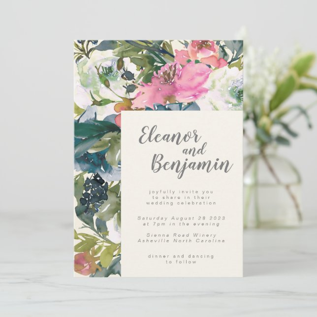 Botanische Blumenhochzeit im eleganten Watercolor Einladung (Stehend Vorderseite)