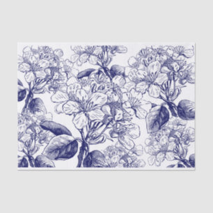 Botanische Blüten blühen auf blauer Entcoupage Seidenpapier