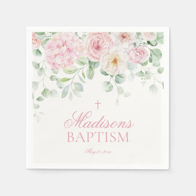Botanische Blütentaufe in Pink Floral Hydrangea Serviette (Vorderseite)