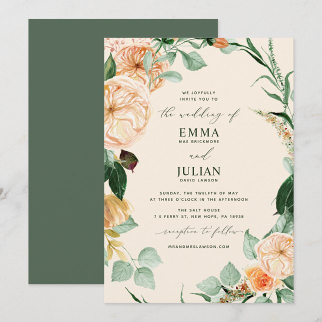 Botanische Boho Greenery Elegante Peach Wedding Einladung (Vorne/Hinten)