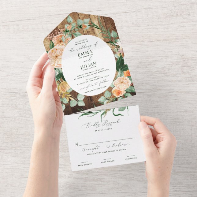 Botanische Boho Greenery Woodgrain Rustikale Hochz All In One Einladung (Abreißen)