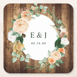 Botanische Boho Rustic Wood Monogram Barn Wedding Rechteckiger Pappuntersetzer