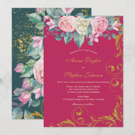 Botanische Bouquet Magenta Imitate Gold Glitzer Wi Einladung