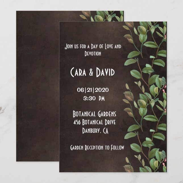 Botanische Brauner Grünpflanzen Elegante Hochzeit Einladung (Vorne/Hinten)