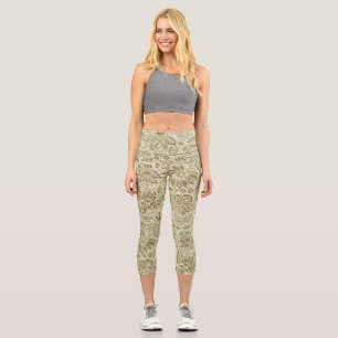Botanische Brokat-Toile-Floral Grün-Sage-Muster Capri Leggings