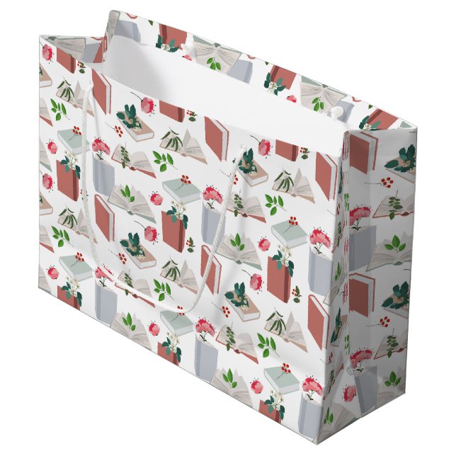 Botanische Bücher und Bibliothekslesemuster Große Geschenktüte (Vorderseite Schrägansicht)