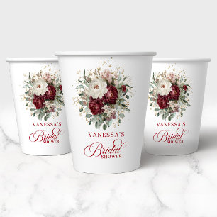 Botanische Burgunder Blumen Hochzeitsdusche Papier Pappbecher