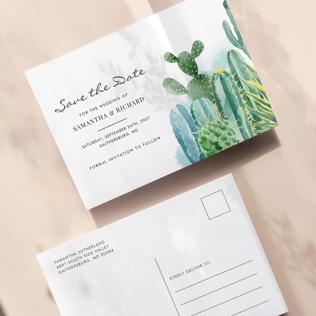 Botanische Cacti-Wasserfarbenhochzeit speichert da Ankündigungspostkarte (Cacti Watercolor Wedding Save the Date Postcard)