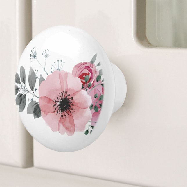 Botanische Chic floral elegante graurosa Blume Keramikknauf (Botanical chic floral elegant grey pink flower ceramic knob)