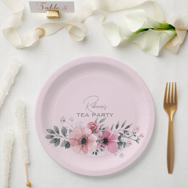 Botanische Chic floral elegante graurosa Blume Pappteller (Hochzeit)