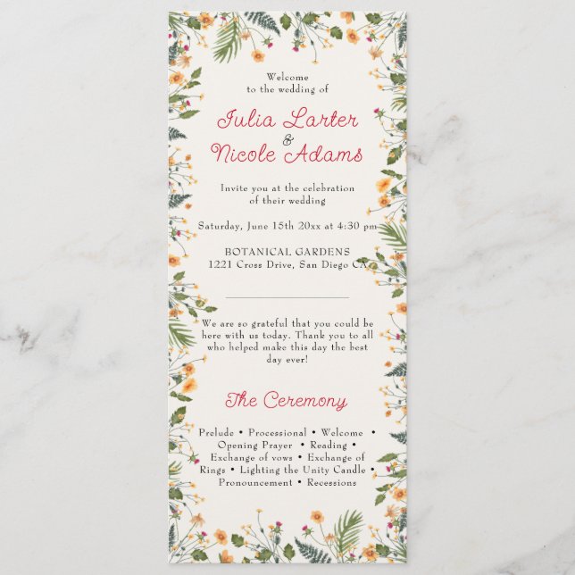 Botanische Daffodils Daisy Peony Blume Hochzeit Programm (Vorderseite)