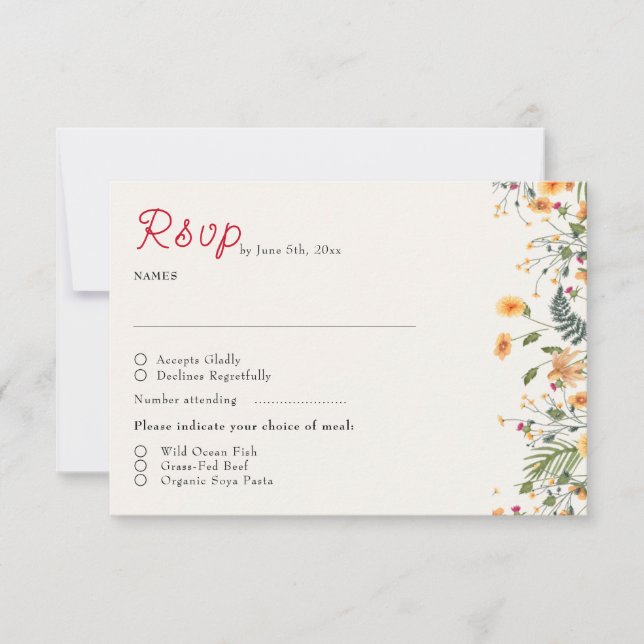 Botanische Daffodils Daisy Peony Blume Hochzeit RSVP Karte (Vorderseite)
