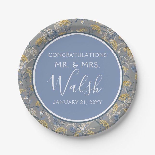 Botanische Daisy Floral Yellow & Navy Blue Wedding Pappteller (Vorderseite)