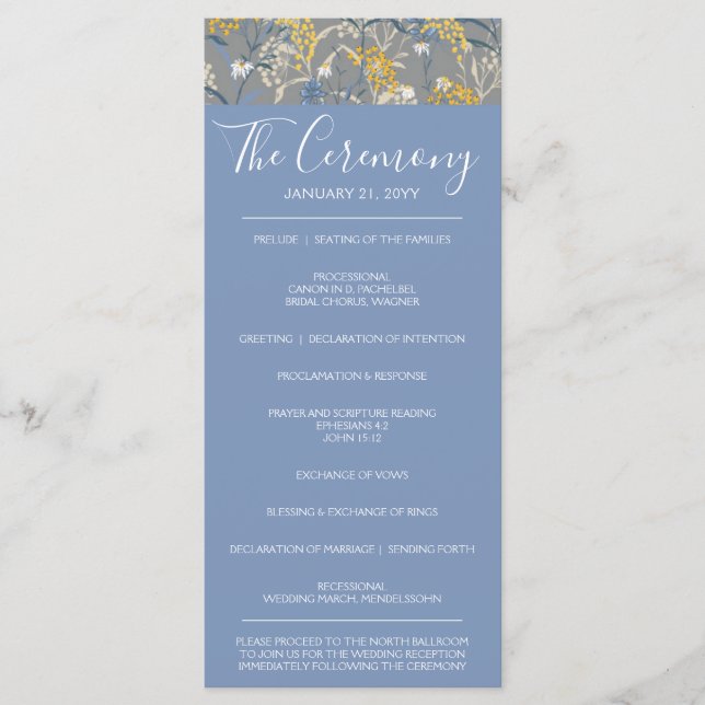 Botanische Daisy Floral Yellow & Navy Blue Wedding Programm (Vorderseite)