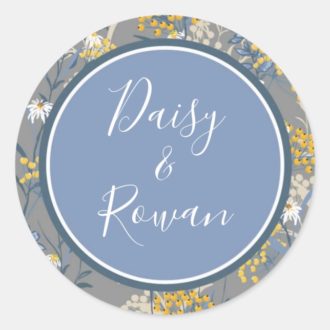 Botanische Daisy Floral Yellow & Navy Hochzeitsnam Runder Aufkleber (Vorderseite)