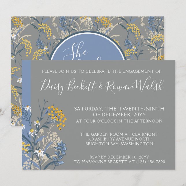 Botanische Daisy Yellow & Navy Engagement Party Einladung (Vorne/Hinten)