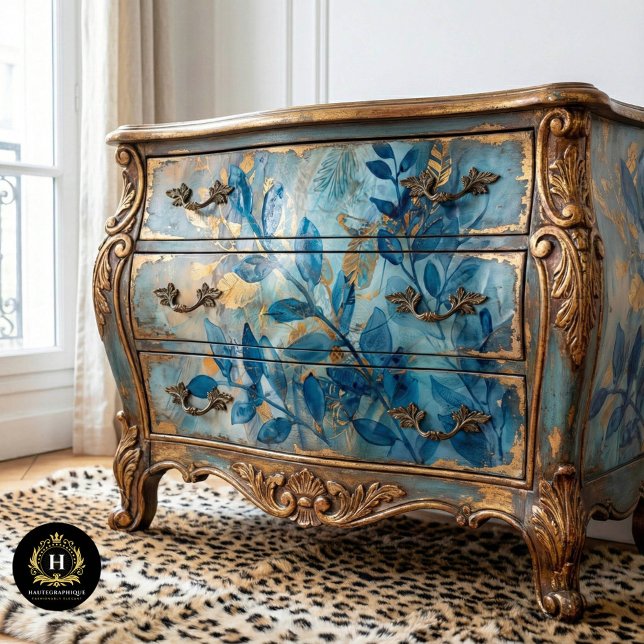 Botanische Dekoupage in Blau und Gold Seidenpapier (Von Creator hochgeladen)