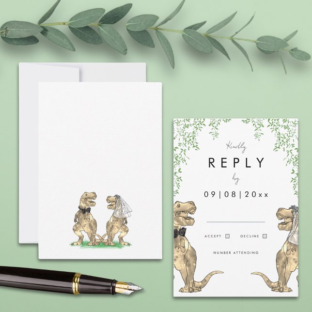 Botanische Dinosaurier-Hochzeitserklärung RSVP Karte (Botanical dinosaur wedding invitation reply RSVP enclosure card with T-Rex bride and groom )