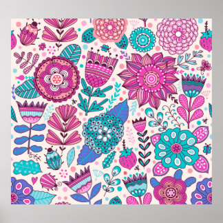 Botanische Doodle-Blume, nahtlose, Vintage Textur. Poster